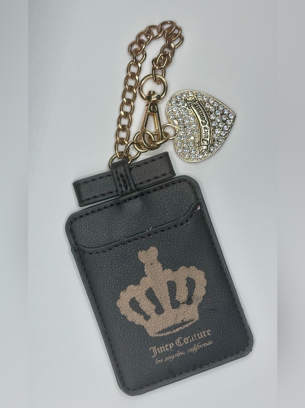 Juicy Couture Black Cardholder Keychain with Gold Chain and Crystal Heart